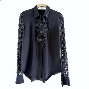 Prabal Gurung Black Silk & Lace Jabot Statement Blouse